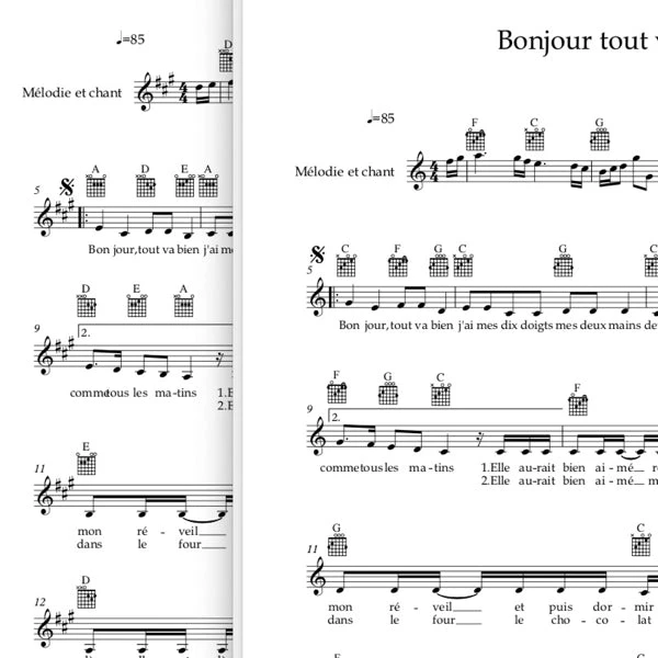 Bonjour tout va bien - mélodie, texte et accords de guitare.