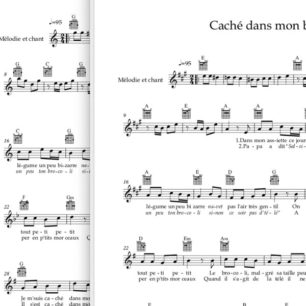 Caché dans mon bol (brocoli) - Mélodie, texte et accords de guitare