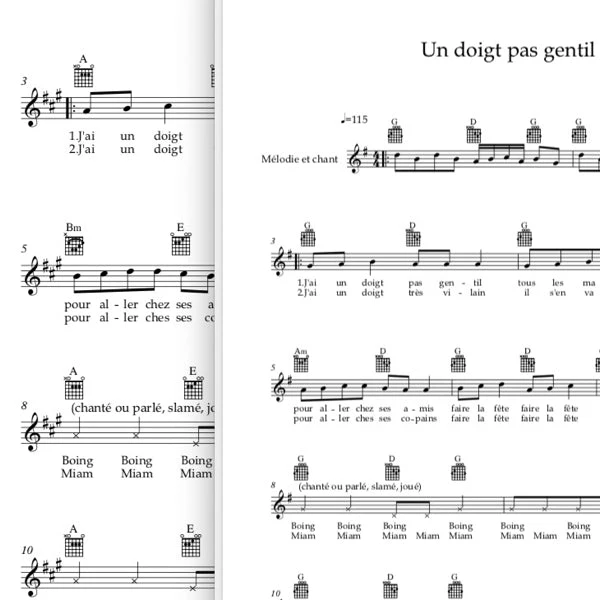 Un doigt pas gentil - Mélodie, texte et accords de guitare